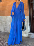 Aurohaya Elegant V-neck Chiffon Waist Pleated Maxi Dress Blue