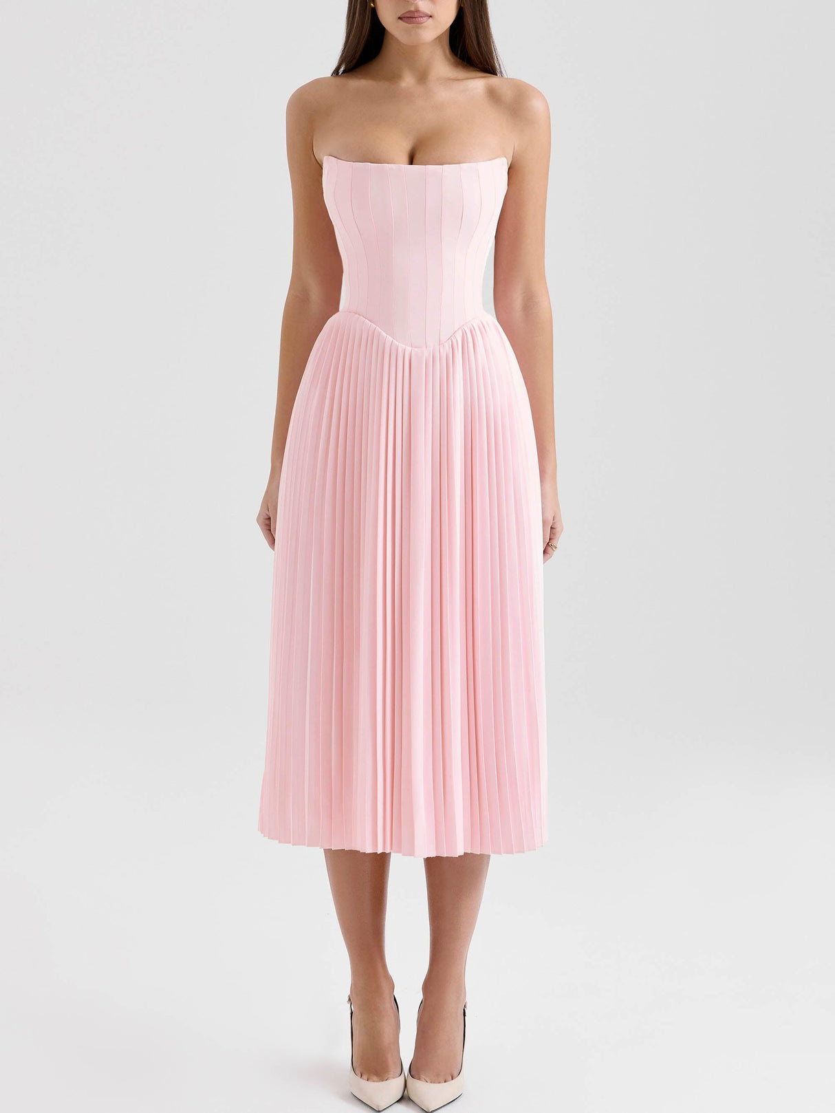 Aurohaya Elegant Strapless Pleated Midi Dress Pink