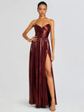 Elegant Strapless Metallic Pleated Floor-length Maxi Dress