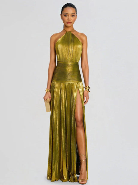 Aurohaya Elegant Metallic Pleated Halter Neck Maxi Dress Gold