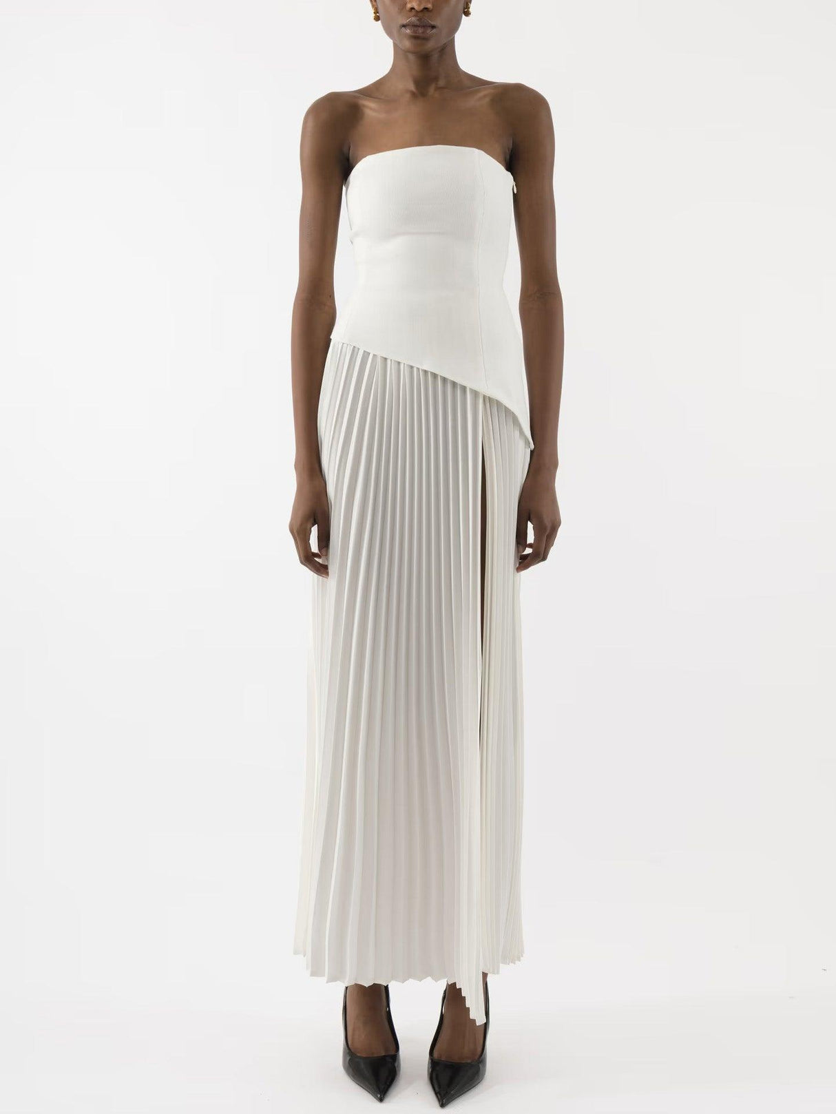 Aurohaya Elegant Wrap Neckline Pleated High Slit Maxi Dress White