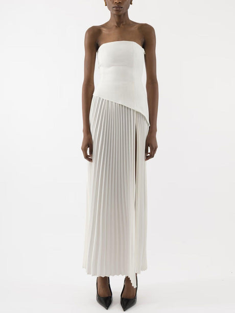 Aurohaya Elegant Wrap Neckline Pleated High Slit Maxi Dress White