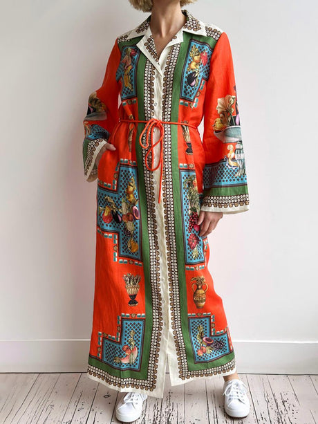 Aurohaya Classic Modern Unique Print Patchwork Loose Belted Shirt Silhouette Maxi Dress