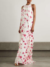 Aurohaya Retro Ruffle Floral Print Chiffon Crepe Chine Halter Maxi Dress White