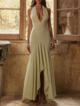 Elegant Deep V-neck Draped Irregular Hem Maxi Dress