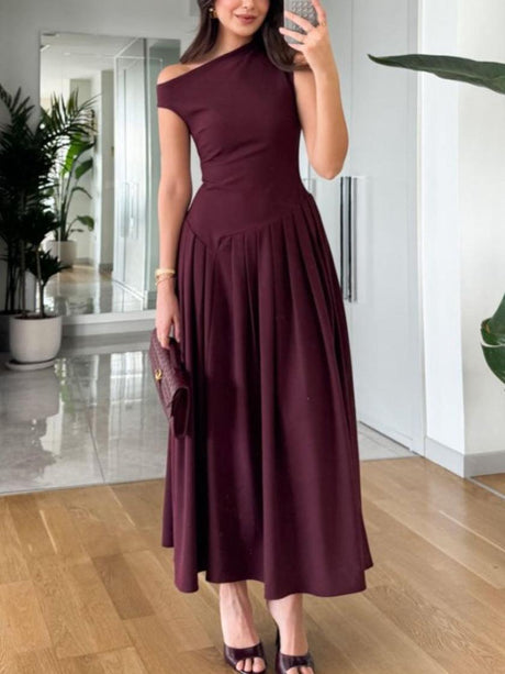 Aurohaya Elegant Off-shoulder Neckline Pleated Maxi Dress