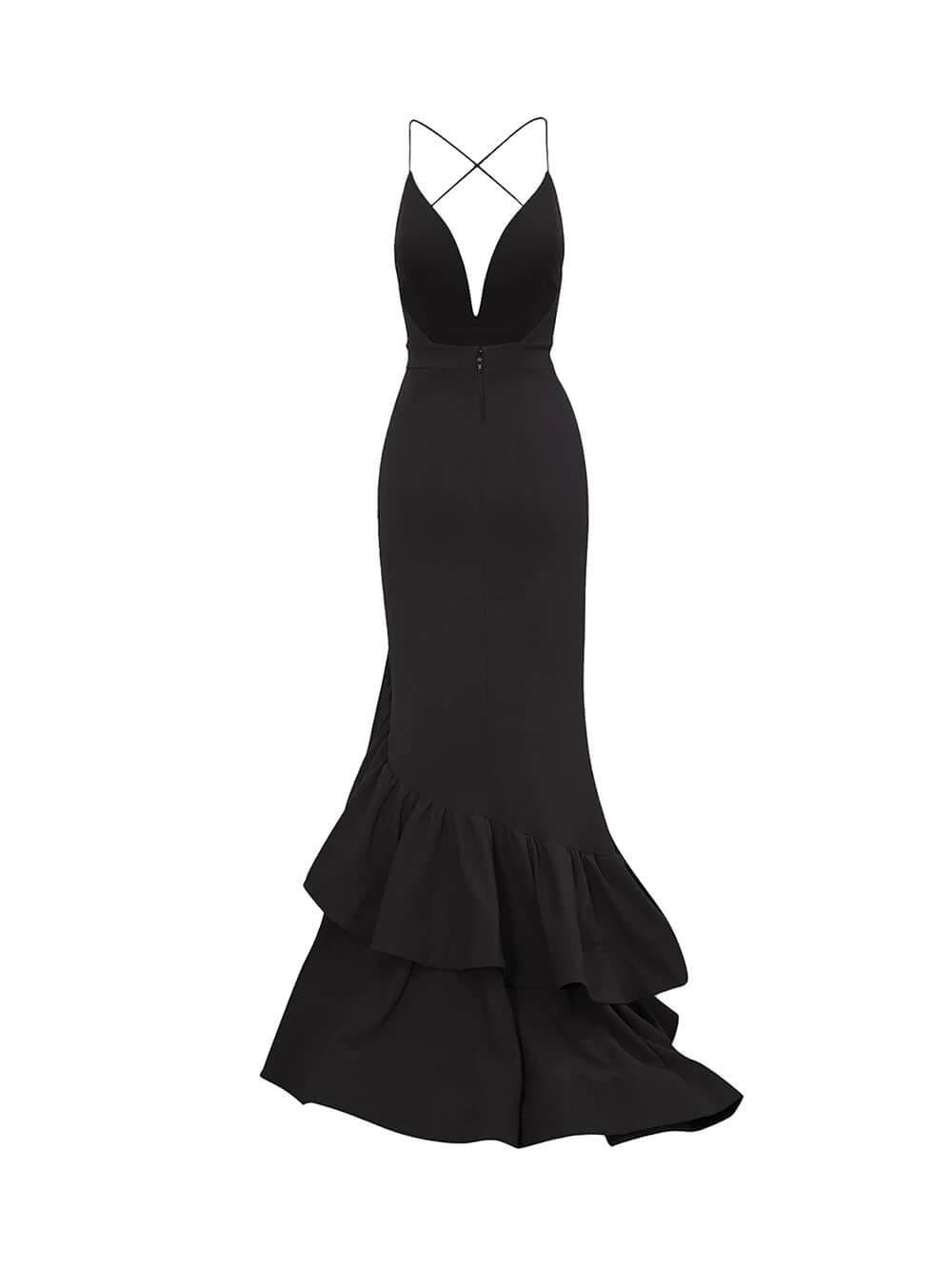 Aurohaya Sexy Deep V-Neck Ruffled Layered Mermaid Maxi Dress