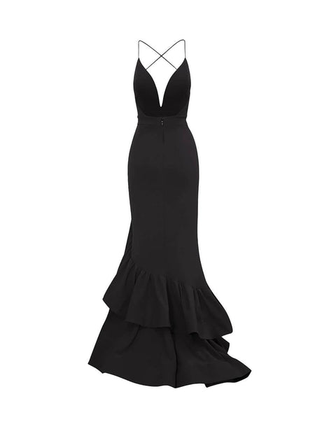 Aurohaya Sexy Deep V-Neck Ruffled Layered Mermaid Maxi Dress