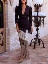 Aurohaya Elegant Contrast Tassel V-Neck Long Sleeve Maxi Dress Brown