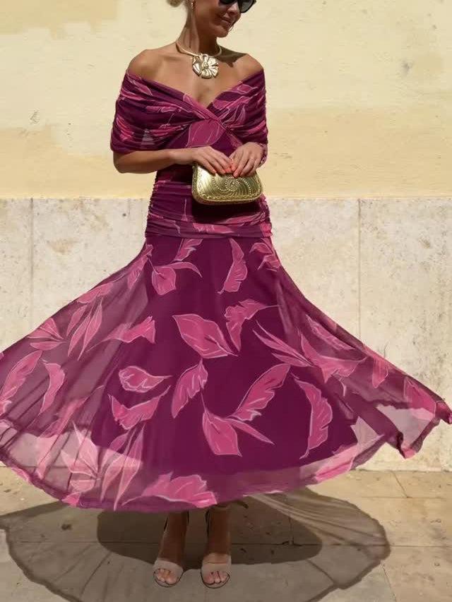 Aurohaya Elegant Off-Shoulder Ruched Leaf Print Maxi Dress