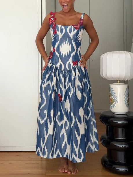 Aurohaya Elegant Ikat Print Sleeveless Butterfly Embellished Maxi Dress Blue