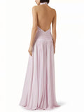 Fashion Halter Neck Pleated Slit Maxi Dress