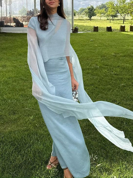 Aurohaya Elegant Asymmetrical Neckline Cape Cutout Maxi Dress Blue