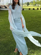 Aurohaya Elegant Asymmetrical Neckline Cape Cutout Maxi Dress Blue