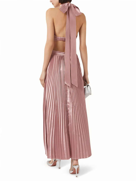 Aurohaya Elegant High-neck Halterneck Satin Pleated Maxi Dress