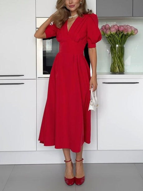 Aurohaya Elegant V-neck Puff Short Sleeve Midi Dress Red