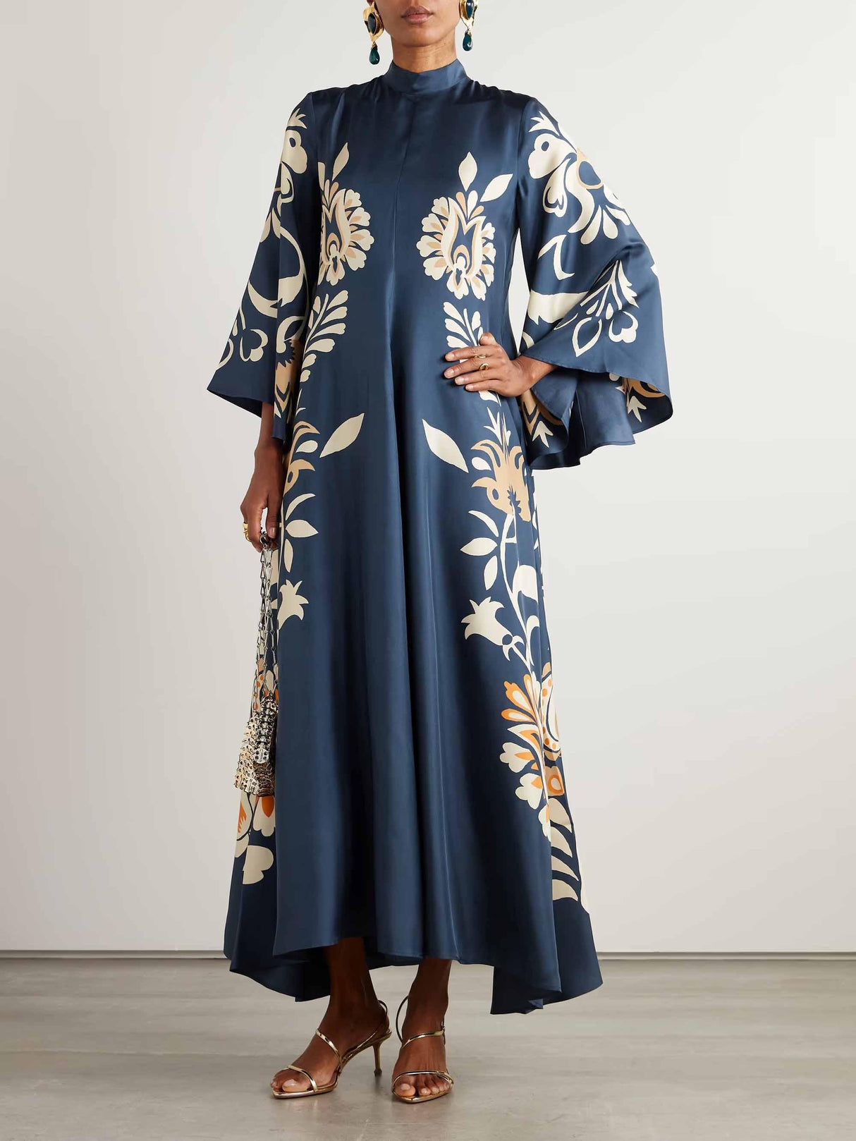 Aurohaya Vintage Floral Print Neckline Flowy Maxi Dress Dark Blue