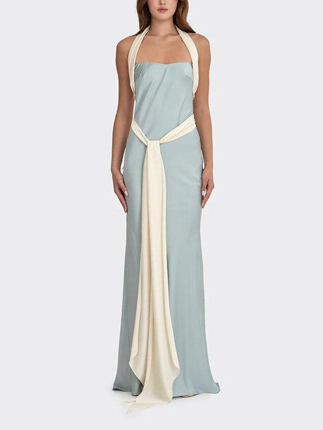 Aurohaya Elegant Satin Contrast Halter Neck Party Maxi Dress Blue