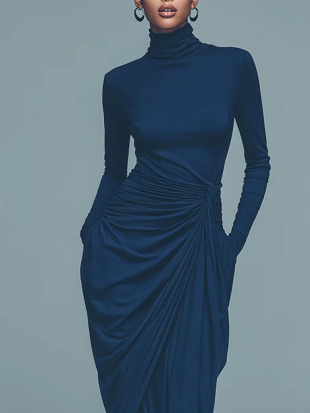 Aurohaya Elegant Turtleneck Draped Side Slit Midi Dress