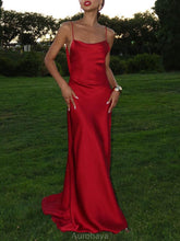 Aurohaya Sexy Backless Satin Side-Slit Maxi Dress Red