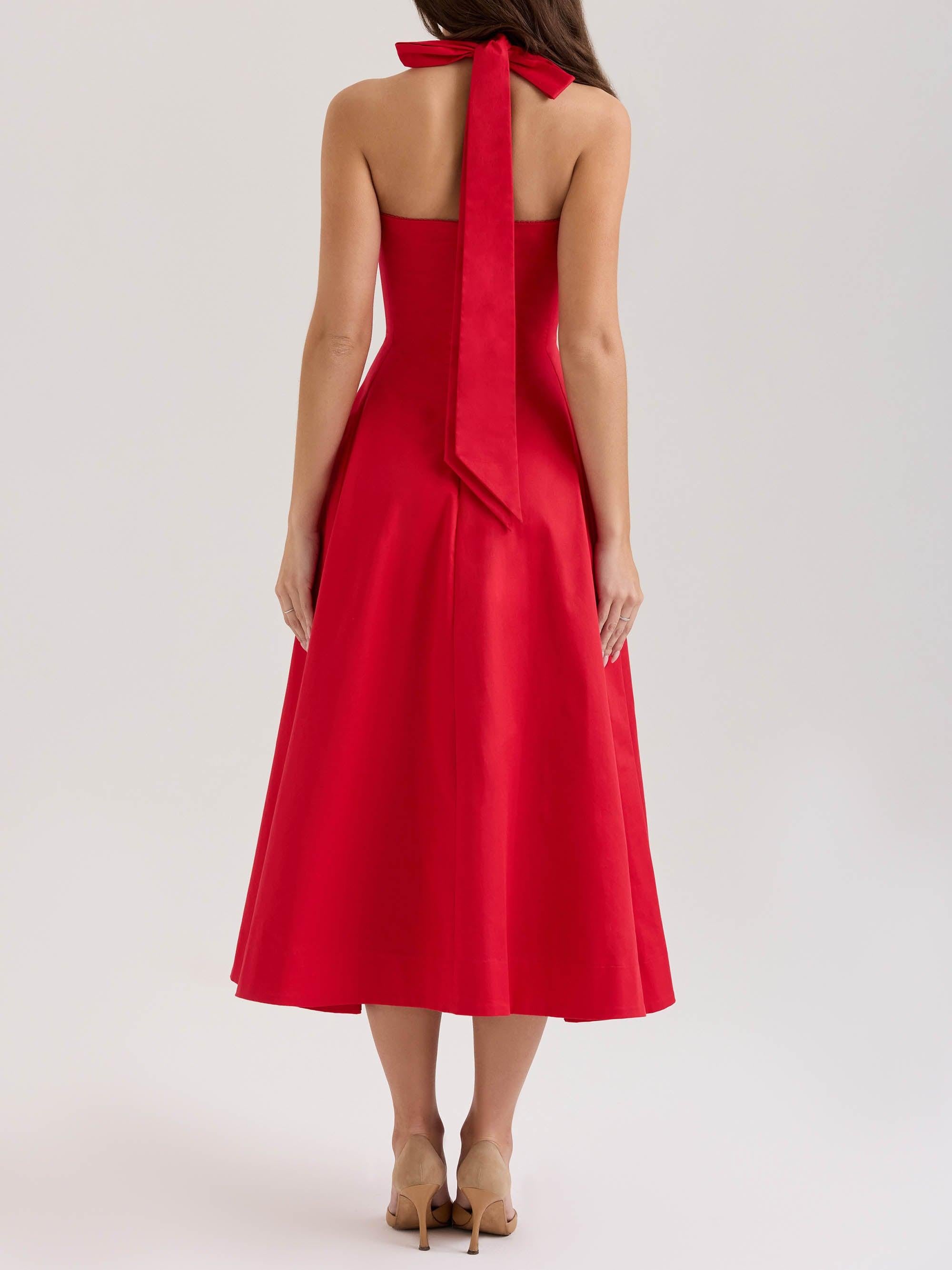 Aurohaya Elegant Square Neck Pleated Button Midi Dress