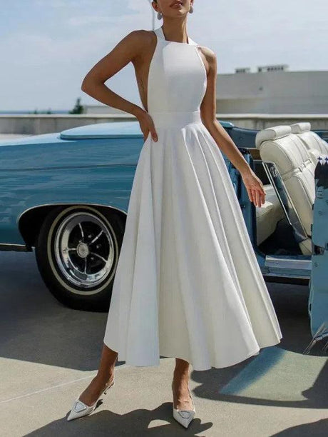 Aurohaya Elegant Halter Neck A-Line Midi Dress White