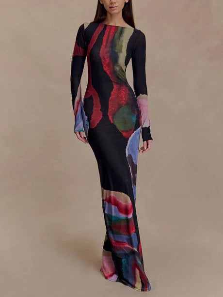 Aurohaya Exquisite Abstract Print Bodycon Long-sleeved Maxi Dress Black