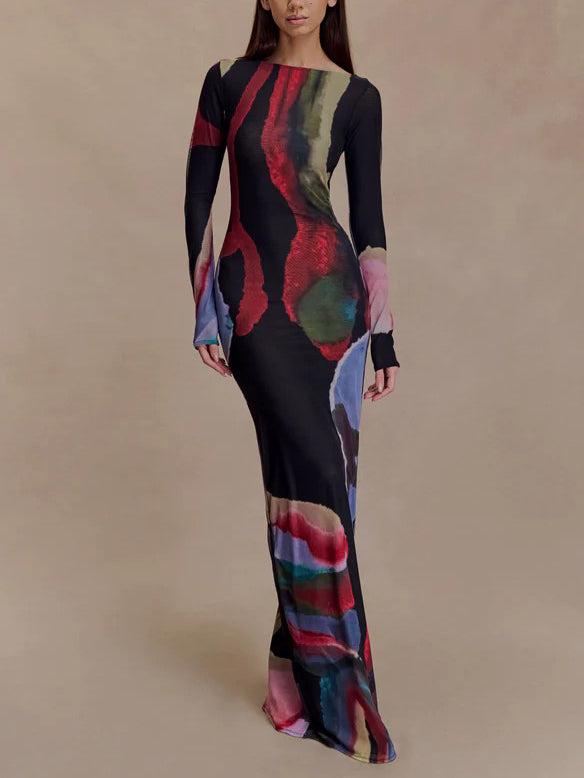 Aurohaya Exquisite Abstract Print Bodycon Long-sleeved Maxi Dress Black
