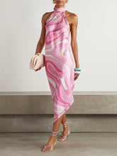 Aurohaya Elegant Abstract Print Irregular Ham Midi Dress Pink