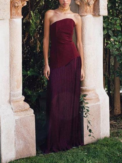 Aurohaya Elegant Strapless Pleated Maxi Dress