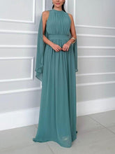 Aurohaya Elegant High-neck Cape Chiffon Flowing Long Dress Green
