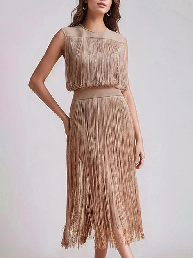Aurohaya Elegant Sleeveless High Waist Slim Tassel Midi Dress Apricot