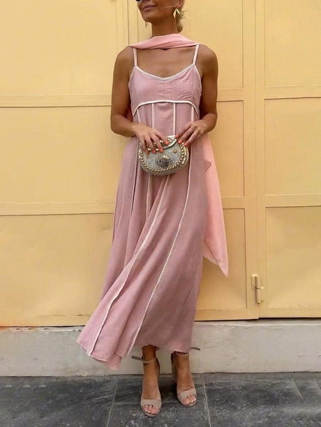 Aurohaya Elegant Draped Spaghetti Strap Maxi Dress With Scarf Pink