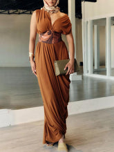 Aurohaya Elegant Retro Waist Printed Knitted Draped Maxi Dress Yellow