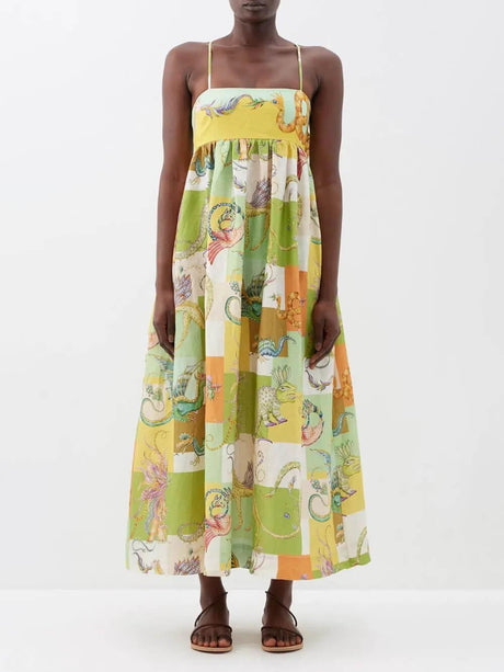 Aurohaya Unique Animal Print Tie Back Pleated Midi Dress