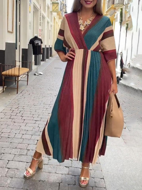 Aurohaya Elegant Irregular Stripe Print Pleated Maxi Dress