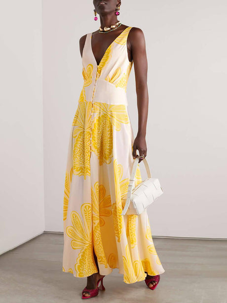 Aurohaya Elegant Pineapple Print Satin Crepe Maxi Dress Yellow