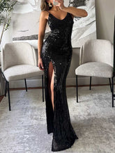 Aurohaya Elegant V-neck Sequined Sexy Slit Maxi Dress Black
