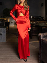 Elegant Twisted Satin Long Sleeve Cutout Maxi Dress