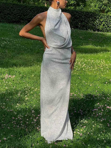 Aurohaya Elegant Halterneck Black Polka Dot White Maxi Dress White
