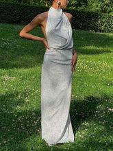 Aurohaya Elegant Halterneck Black Polka Dot White Maxi Dress White