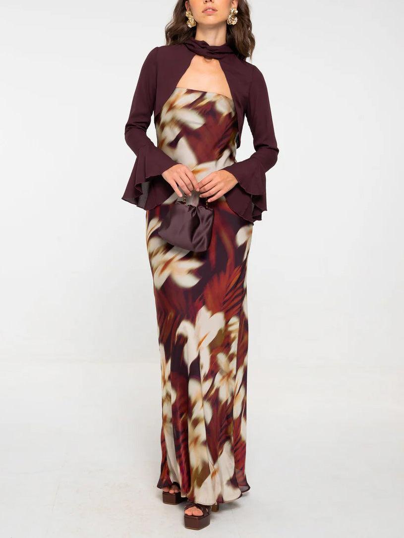 Aurohaya Elegant Chiffon Shirt Vintage Floral Print Long Dress Set Brown