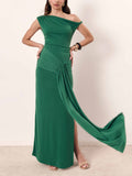 Elegant Asymmetric Neckline Satin Knit Pleated Maxi Dress