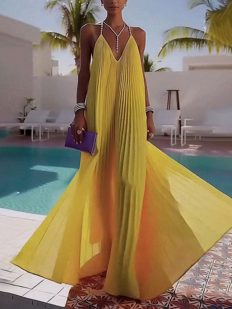 Aurohaya Elegant Pleated V-Neck Backless Chiffon Maxi Dress