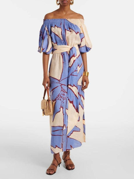 Aurohaya Exquisite Off-the-shoulder Palm Tree Print Maxi Dress Blue