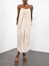 Elegant Beige Pleated Sweetheart Neck Maxi Dress