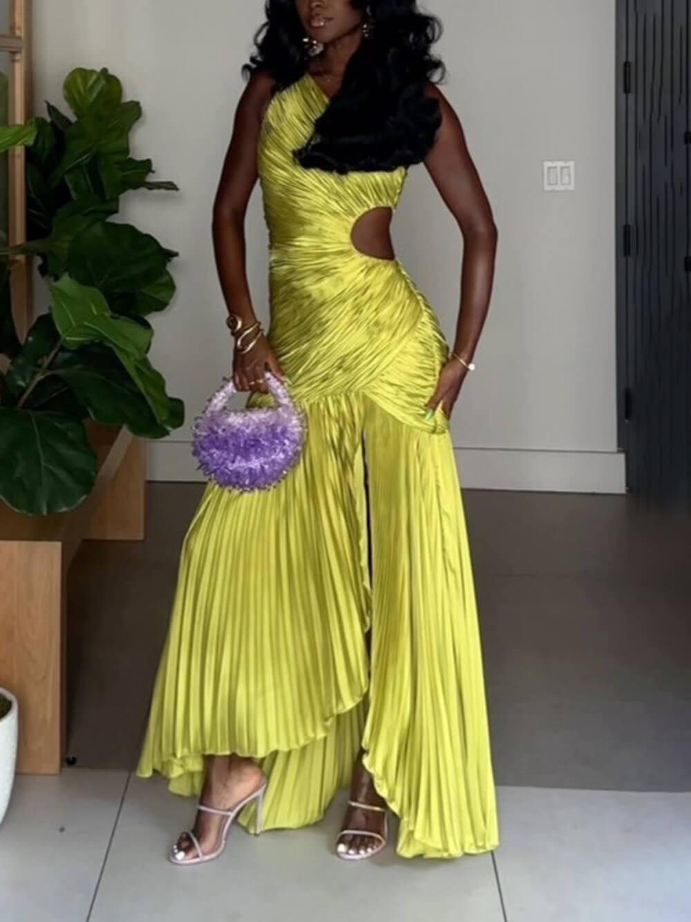 Aurohaya Fashion One-Shoulder Cutout Ruched Maxi Dress