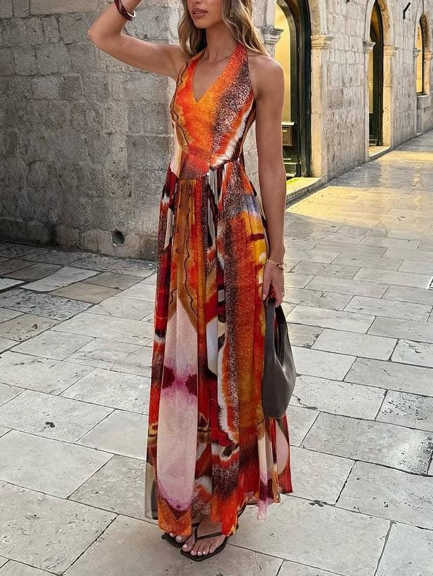 Aurohaya Unique Abstract Oil Painting Print Halter Neck Maxi Dress Multi