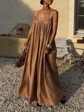 Aurohaya Elegant Flowy Pleated Spaghetti Strap Maxi Dress Brown