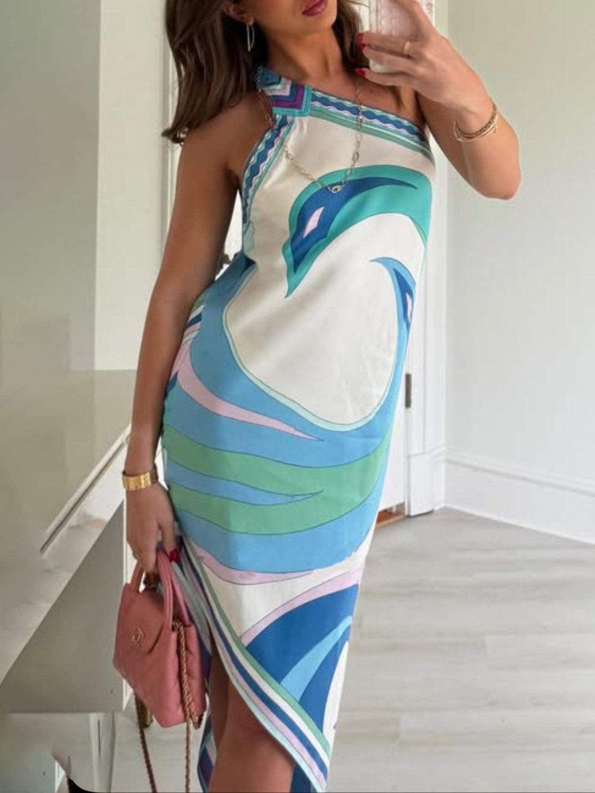 Aurohaya Unique Satin Print One Shoulder Irregular Hem Midi Dress